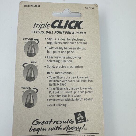 Avery Triple Click Stylus, Ball Point Pen & .5mm Lead Pencil 3 in 1 49838 NEW - Picture 4 of 5